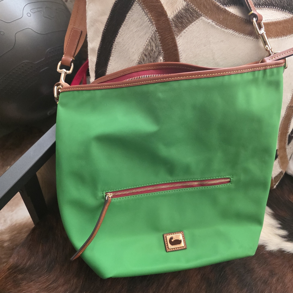Dooney & Bourke Nylon and Leather Vibrant Green Shoulder Bag with Tan Accents